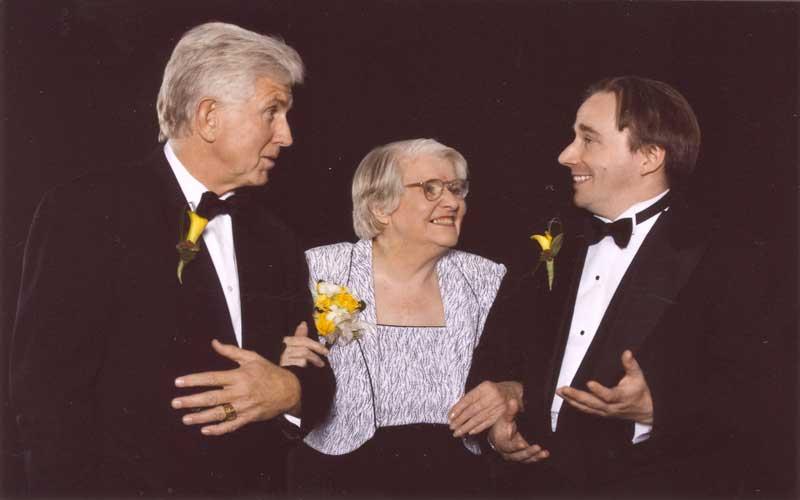 Jean & Kay | Jean Jennings Bartik and Kay McNulty Mauchly Antonelli holding an ENIAC Decade Ring Counter at the University of Pennsylvania, 2002. The ENIAC women programmers, which included 4 other women not including Jean and Kay, were rediscovered and recognized as computing pioneers in 1996.  The women began to receive acclaim after a series of articles about Jean and fellow ENIAC programmer, Betty Synder Holberston, appeared in The Wall Street Journal.  The six women programmers were then featured in an article in the IEEE Annals of the History of Computing, Fall, Vo1. 18, No. 3. (The image of Jean and Kay with the Decade Ring Counter was taken by Northwest University Marketing and Communication photographer, Darren Whitley.  Copyright (c) 2002 Northwest Missouri State University.  All rights reserved.) 